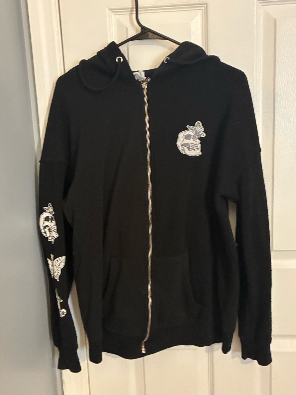 Rue21 Black Zip-Up Hoodie with Skull & Butterfly Patches